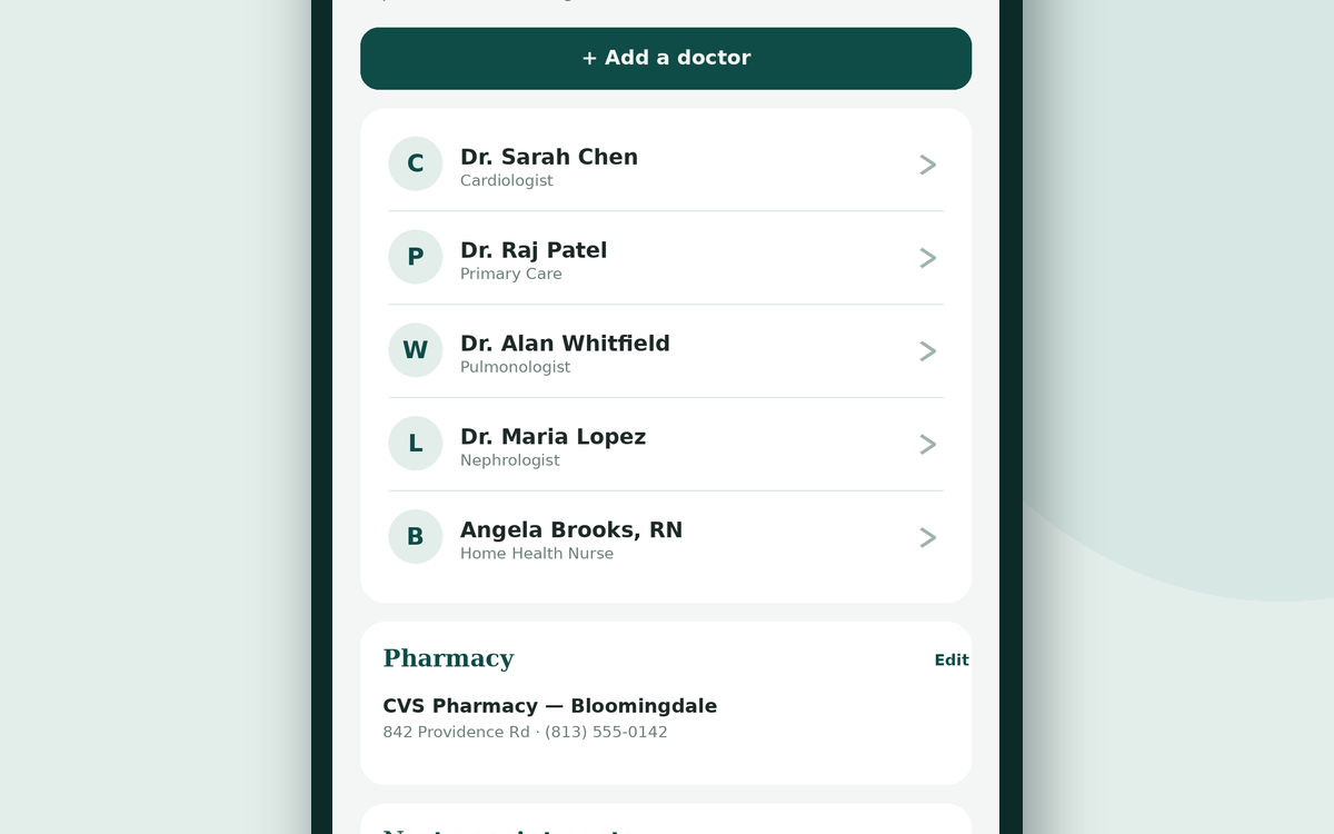 Caregiver Help doctors screen showing the care team and contact details