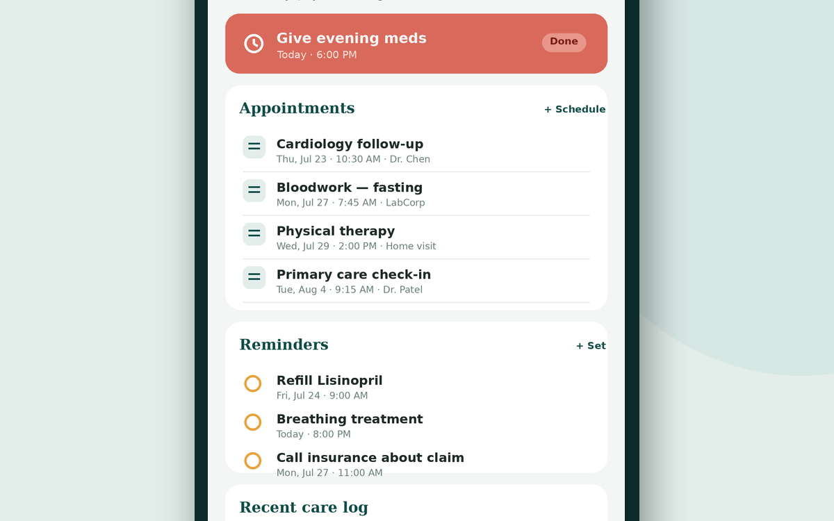 Caregiver Help appointments screen showing follow-up visits and reminders