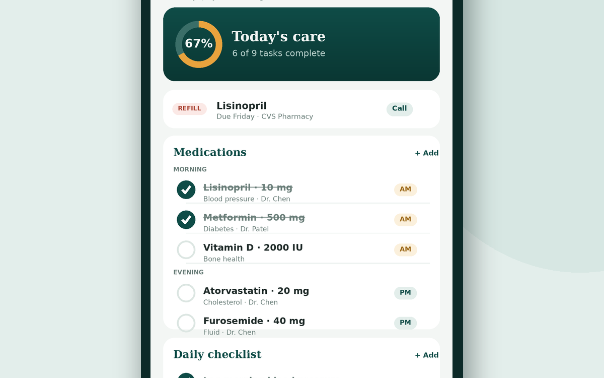 Caregiver Help medication tracker showing morning and evening doses on a phone