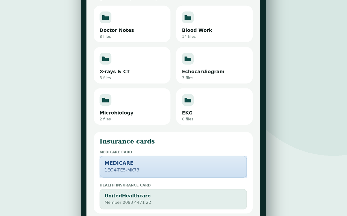 Caregiver Help records screen showing organized folders for lab work, scans, and doctor notes