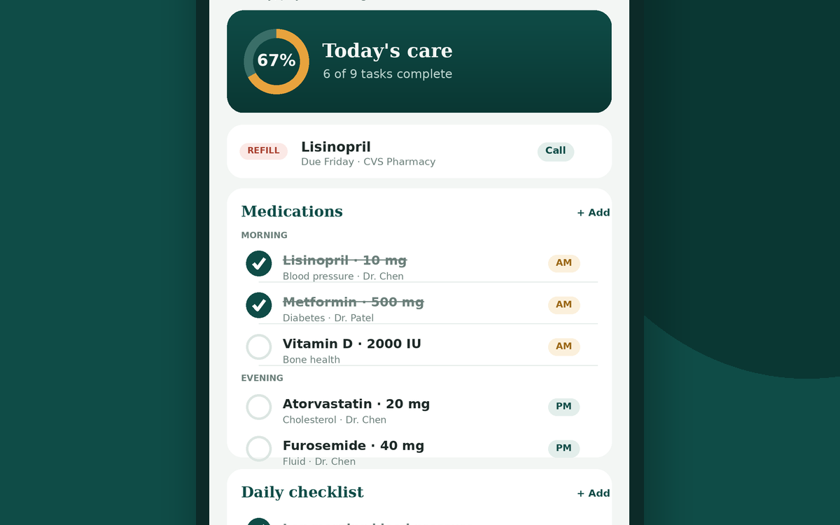 Caregiver Help daily dashboard showing the day's care tasks